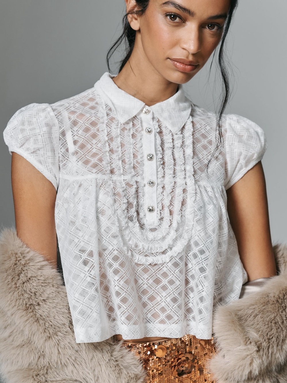 *Anthropologie Maeve White Puff-Sleeve Cropped Swing Top - Picture 4 of 5
